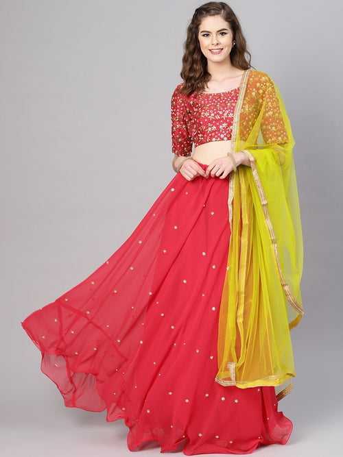 Pink Soft Net Embroidered Lehenga With Blouse & Dupatta