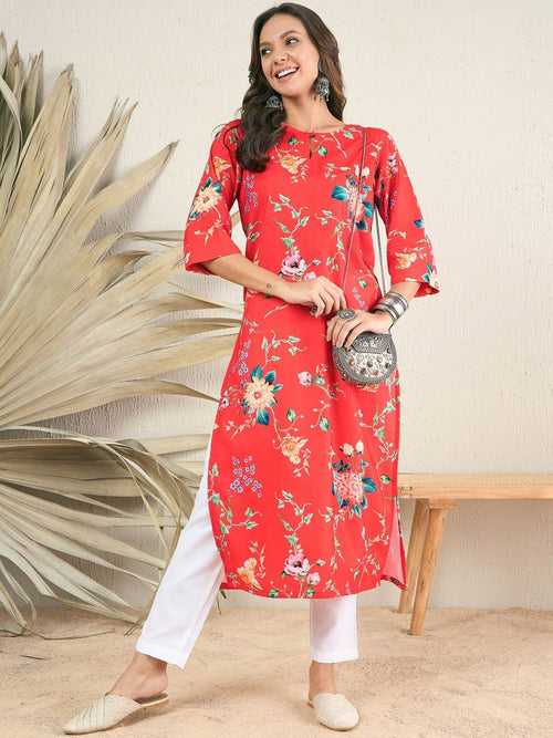 Red Floral Printed Keyhole Neck Straight Kurta