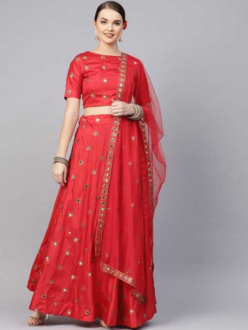 Red Taffeta Silk Embroidered Lehenga With Blouse & Dupatta