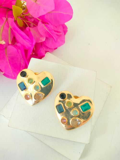 Heart Shape Stud With Multicolor Stone