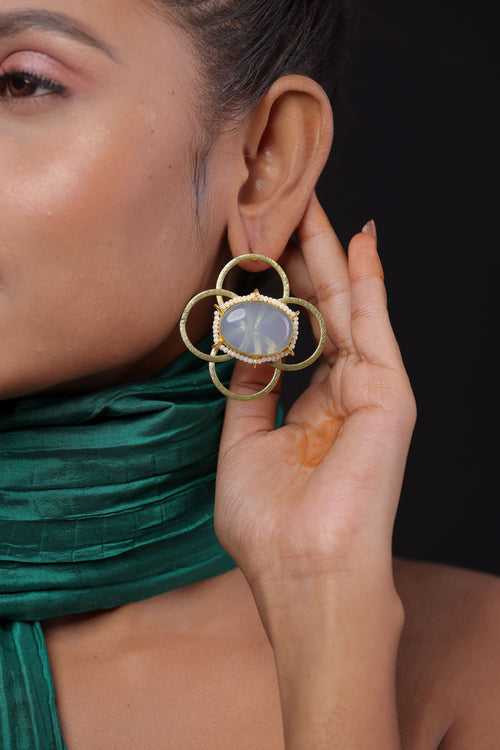 Gold Plated Floral Design Big Stud Earring With Stone