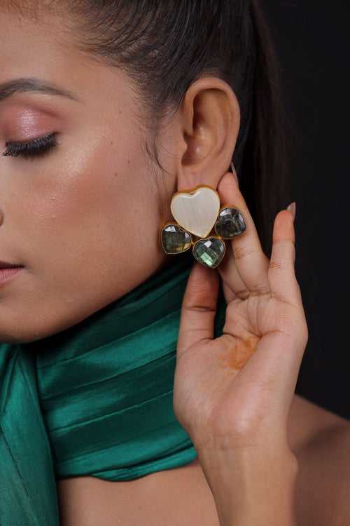 White Heart Shape Earring With Green Stone