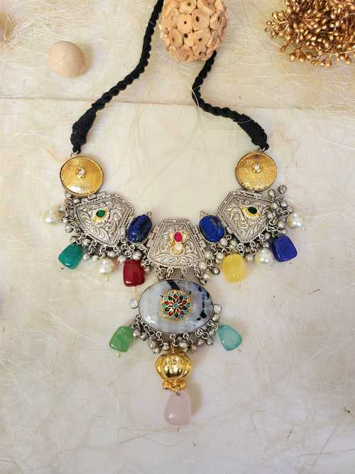 Statement Silver Choker Neckpiece With Ghungroo And Stone