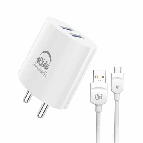 U&i 2.4 A Multiport Mobile Quick Series Charger Dual USB Port with Type C Data Cable Over Short-Circuit Protection 2.4A Output UiCH 3301 Charger with Detachable Cable (White, Cable Included)