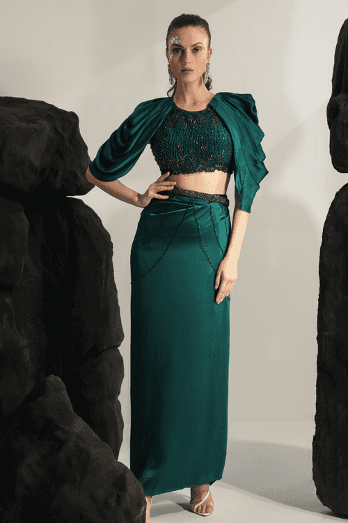 Emerald Green Wrap Around Skirt with Crew Neck Blouse
