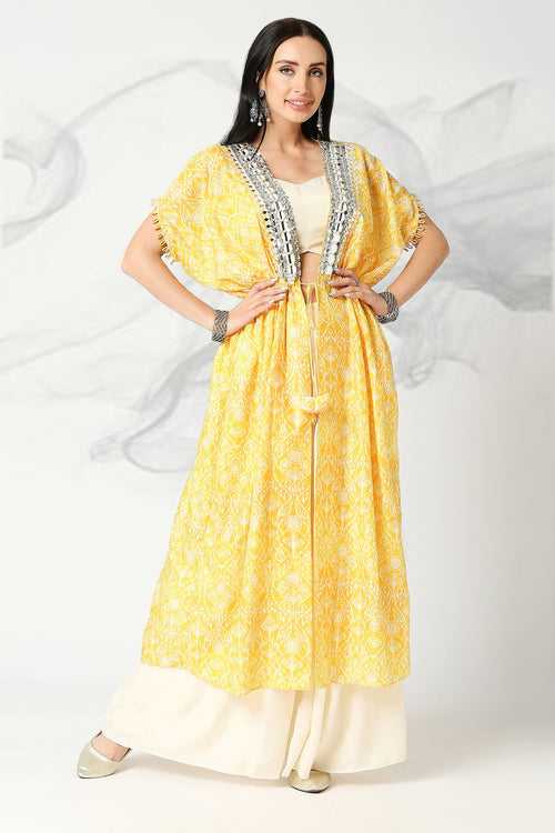 Canary Yellow Printed and Embroidered Cape Set