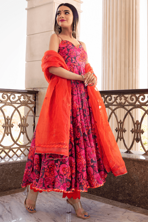 Printed Orange Anarkali Set