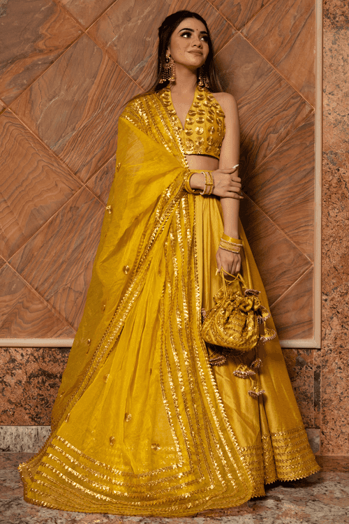 Yellow Cotton Silk Lehenga Set with Lace Work