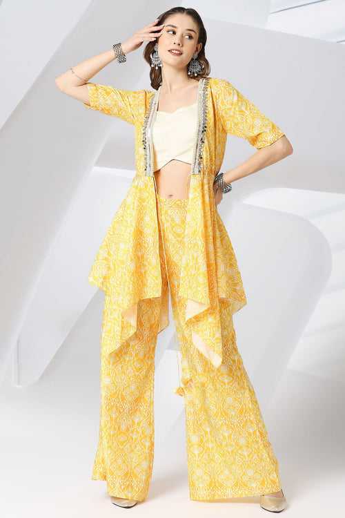 Canary Yellow Printed and Embroidered Jacket Set