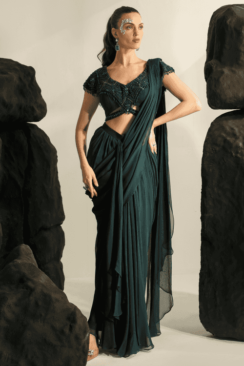 Deep Bluish Green Double Pleated Drape Saree