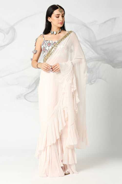 Blush Pink Embroidered Frill Saree with Blouse