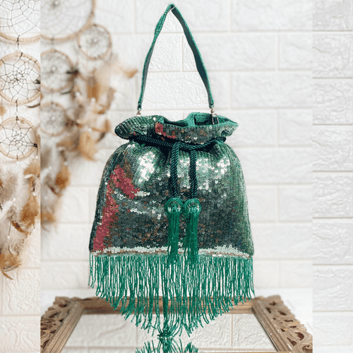 Green Embellished Sequin Potli with Attached Fringes