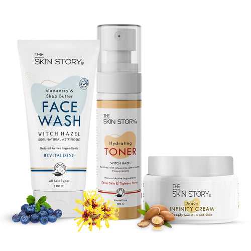 The Skin Story Simple Skincare Trio (CTM) (The Skin Story Blueberry Facewash, 100g The Skin Story Witch Hazel Toner, 100ml The Skin Story Argan Infinity Cream, 50g)