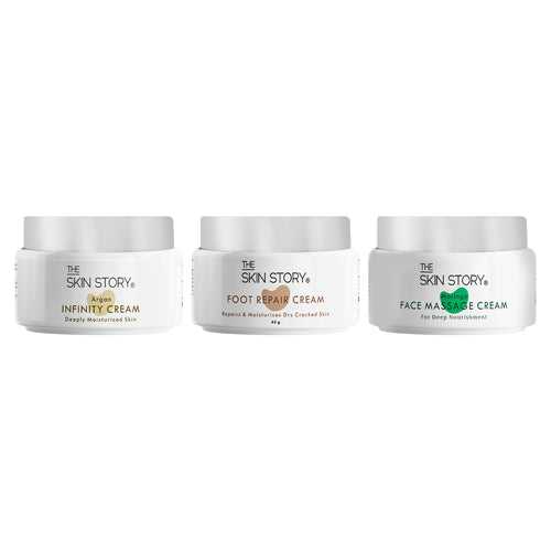 Winter Trio ( The Skin Story Moringa Face Massage Cream, 50g The Skin Story Foot Repair Cream, 45g The Skin Story Argan Infinity Cream, 50g)