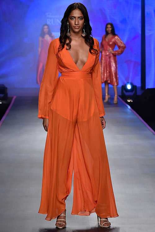 Orange Chiffon Flared Jumpsuit