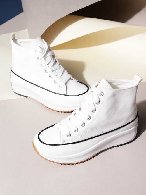White Canvas Lace Up Sneakers (TC-RS3476-WHT)