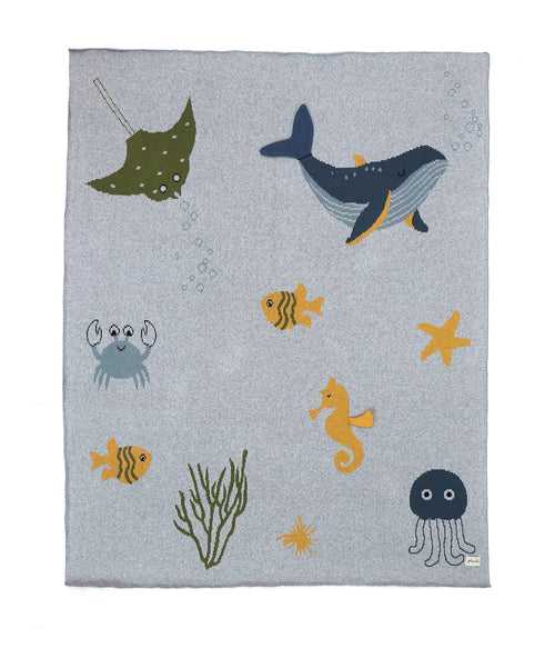 Wonders of the Sea- Soft Grey Melange & Multi Color Cotton Knitted Ac Blanket For Baby / Infant / New Born For Use In All Seasons with Applique Work