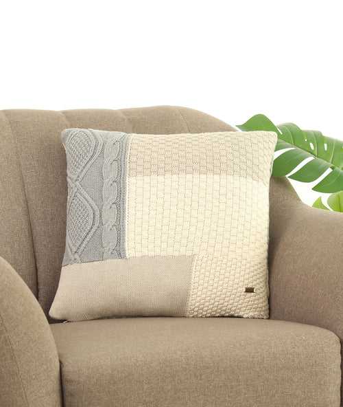 Bold Knits Stone, Natural & Light Grey Melange Color Cotton Knitted Decorative 18 X 18 Inches Cushion Cover
