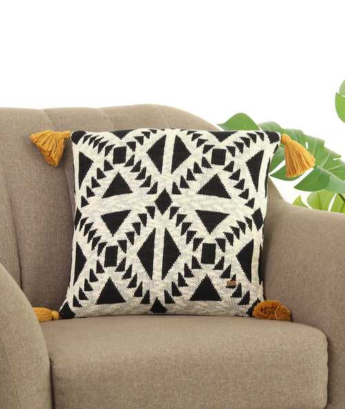 Abstract Black, Natural & Mustard Cotton Knitted Decorative 16 X 16 Inches Cushion Cover