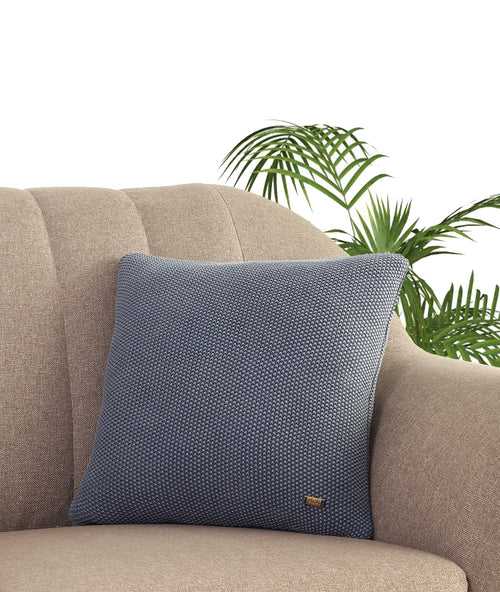 Mini Moss Knit Blue Cotton Knitted Decorative 16 X 16 Inches Cushion Cover