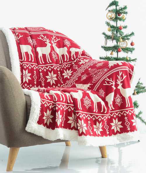 Moose Christmas Tree Cotton Knitted Kids Blanket with Warm Sherpa Fabric (Red & Natural)