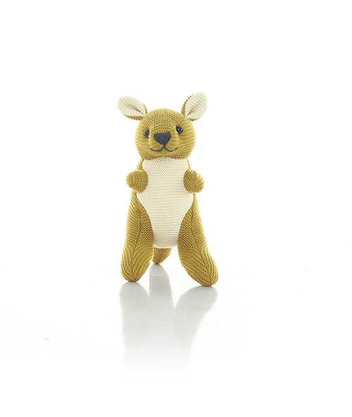 Doodle Kangaroo Rattle Cotton Knitted Stuffed Soft Toy (Honey Gold Natural)