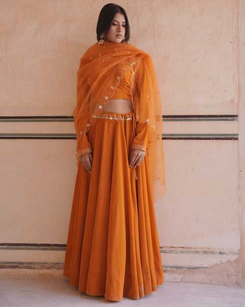 MAKHMAL- Mustard Velvet lehenga with shawl