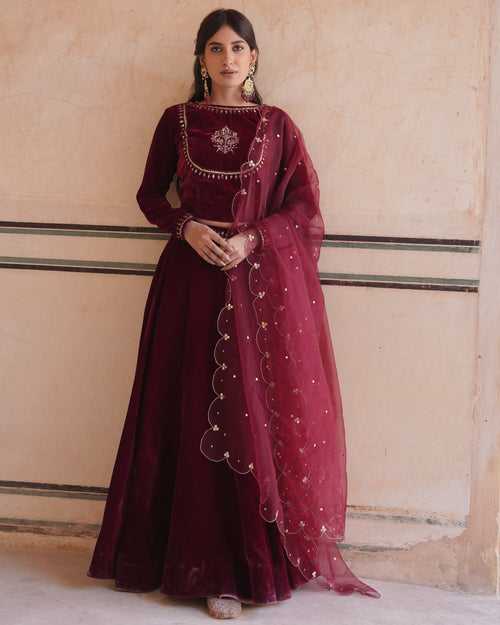 MAKHMAL- Maroon Velvet lehenga with shawl