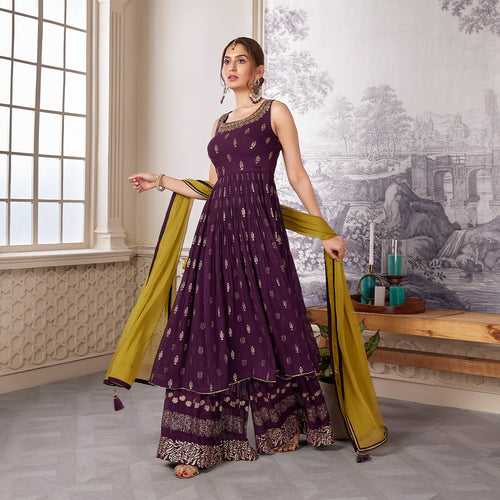 Anarkali palazzo set in purple with yellow dupatta