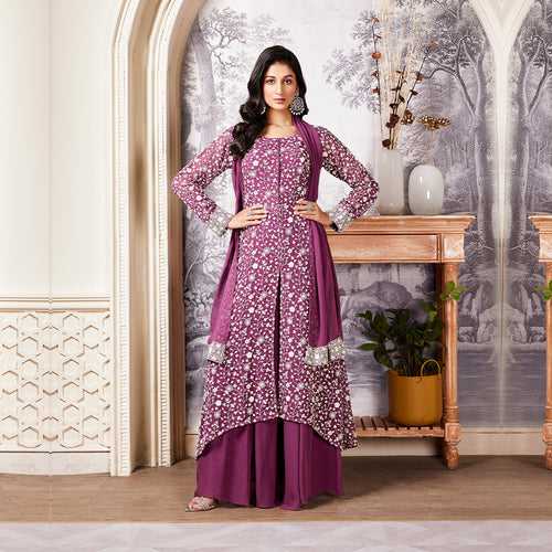 A-line front cut floral palazzo set in magenta