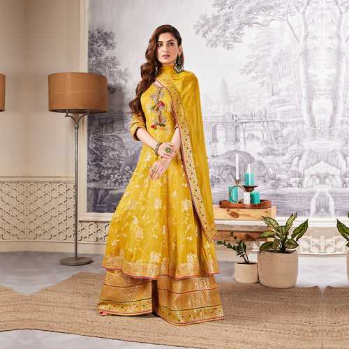 Ethnic yellow banarasi anarkali style palazzo set