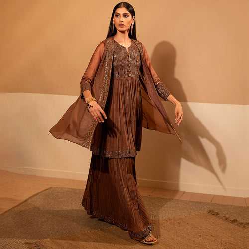 Rustic Brown Pleated Dress With Shrug