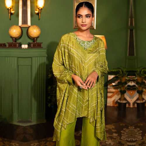 Olive Green Asymmetrical Tunic Kurti And Pants Set