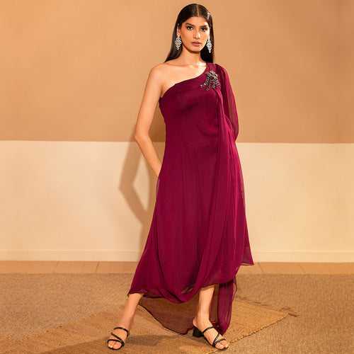 Rosewood Maroon One Shoulder Maxi Dress