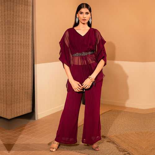 Maroon Pleated Tunic And Palazzo Set