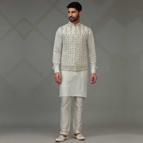 Elegance White Kurta with Printed Designer Jacket for Men