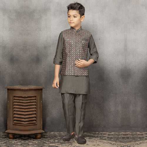 Timeless Metallic Embellished Bandi Jacket Kurta Set for Boys