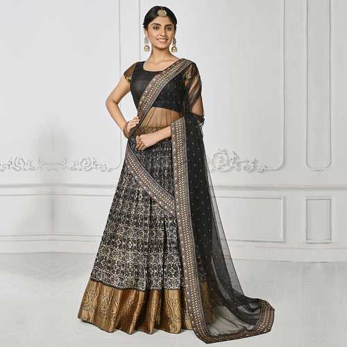 Booming Black Brocade Lehenga Set with Golden Border