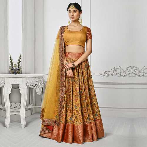 Mystic Mustard Floral Printed Pleated Lehenga Set