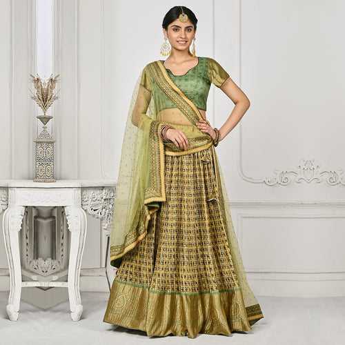 Glowing Golden and Green Banarsi Lehenga Set