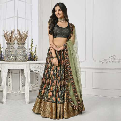 Floral Black and Green Pleated Lehenga Set