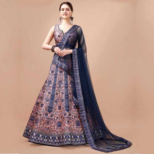 Navy Blue and Peach Embroidered Lehenga Set