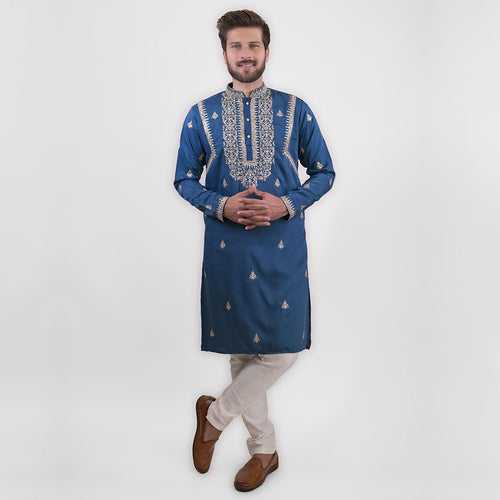 Cobalt Blue Embroidered Kurta for Men