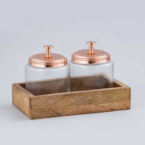 Stainless Steel Glass Cansiter set w/ Wooden tray