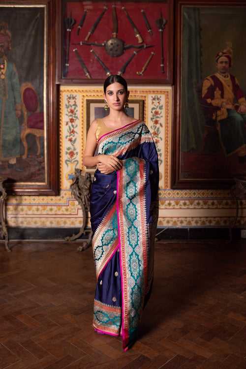 Charvi- Navyblue Silk Brocade Mashroo Banarasi Saree