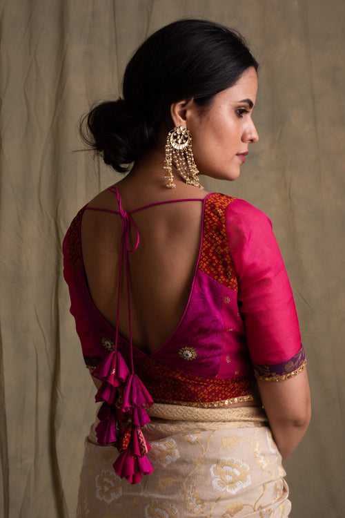 Bhavya- Pink & Red Silk Brocade Upcycled Blouse