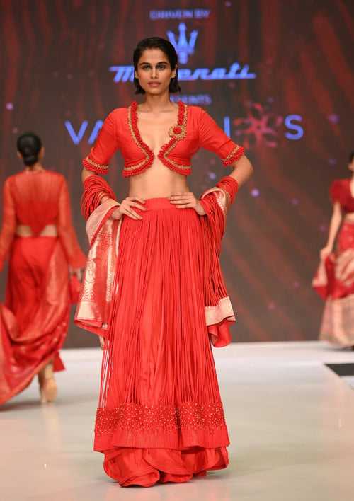 Red Embroidered Blouse with Corded Lehenga Set