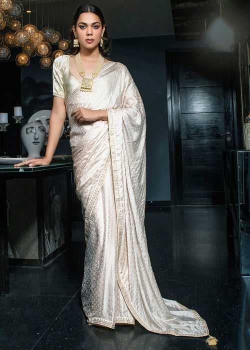 Pearl White Embroidered Viscose Satin Saree