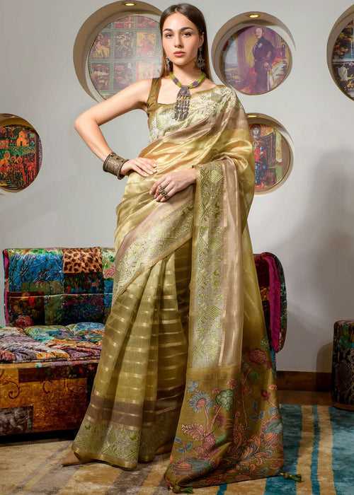 Olive Green Digital Printed Kora Silk Saree with Embroidery work on Border