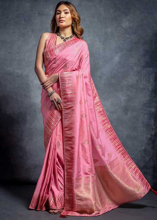 Cherry Pink Zari Woven Designer Silk Saree